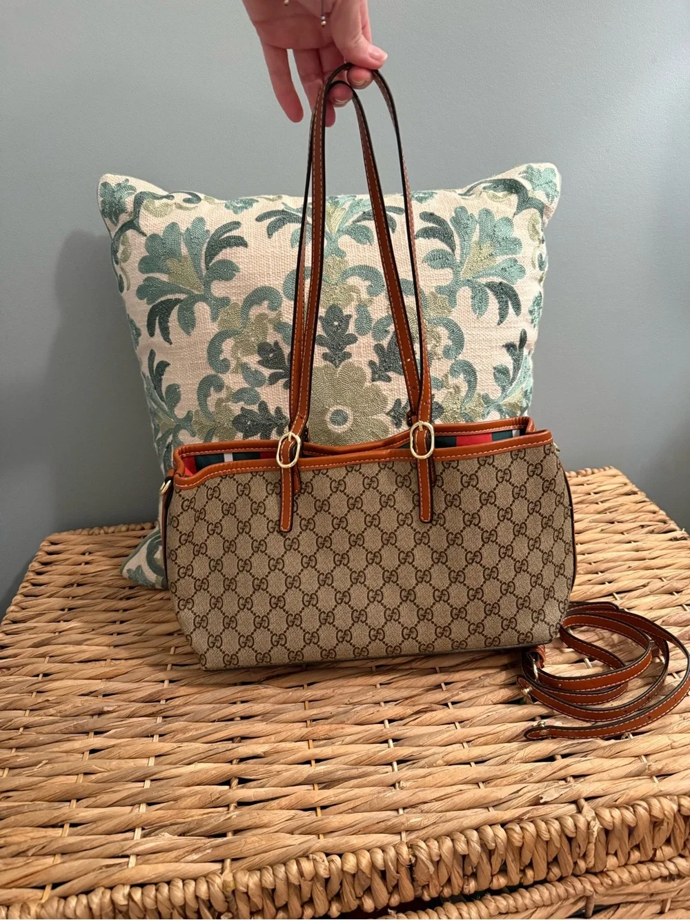 Beige GG Supreme Canvas Tote with Brown Leather Trim